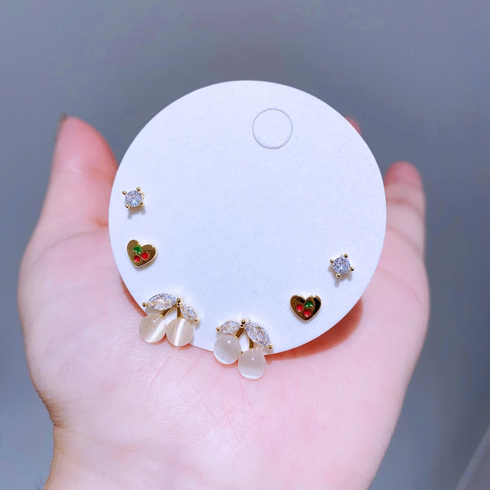 Высококачественные 3-парные серьги-гвоздики с камнем кошачий глаз и вишней для