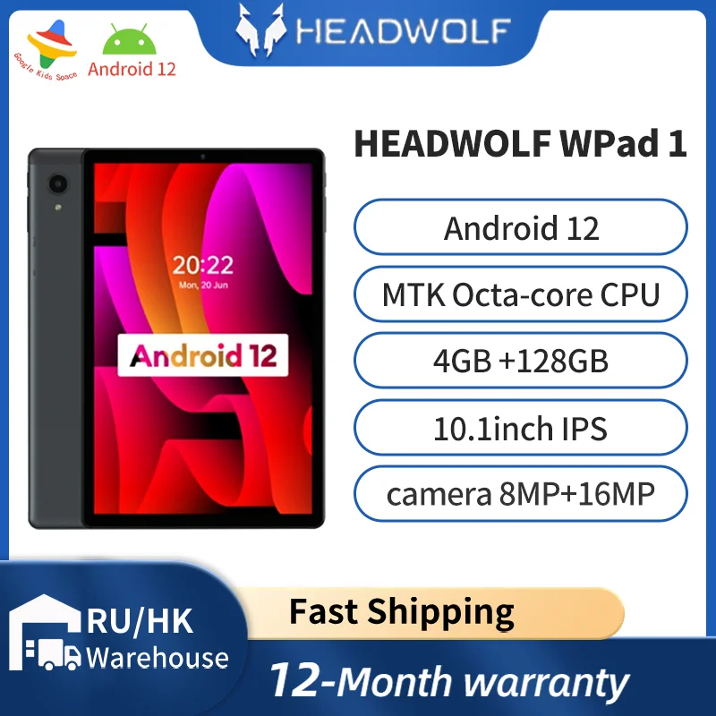 

Headwolf WPad 1 Android 12 Tablet 10.1 inch MTK Octa-core 4GB Ram 128GB Rom 4g LTE Kid Space Learning Tablet PC Camera 8MP+16MP