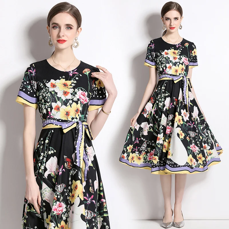 

Women's Spring and Summer New High-end Temperament Round Neck Short Sleeve Plant Flower Lace-up Waist Print Mid-length Dress