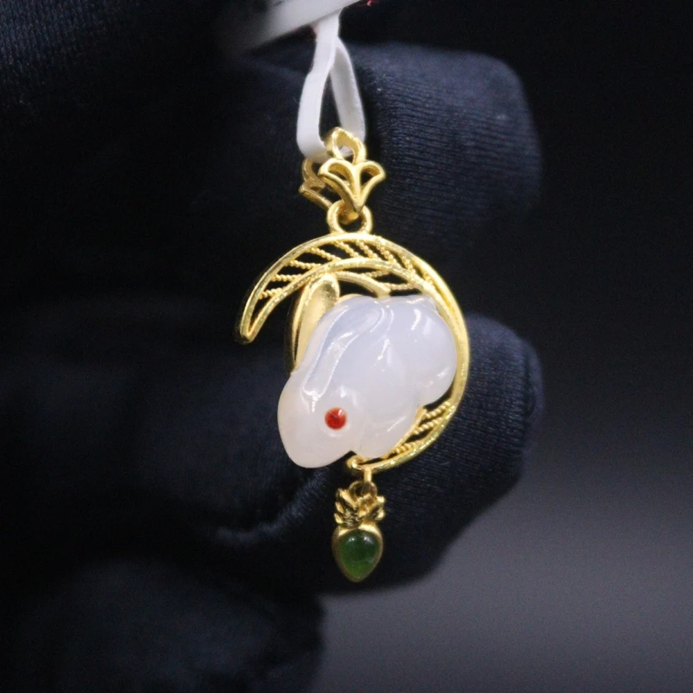 

Real Pure 999 24K Yellow Gold Nephrite Jade Lucky Rabbit Hollow Moon Pendant 1.57g