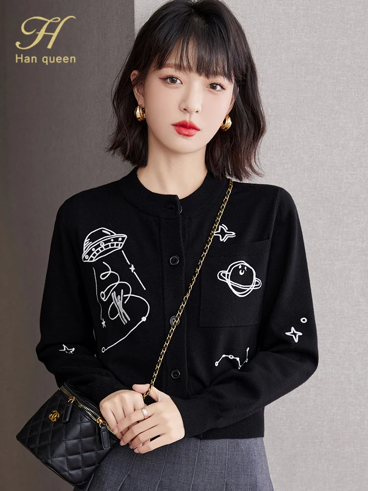 

H Han Queen Autumn Winter New Knitted Cardigans Sweaters Women Tops Basic Cartoon Embroidery O-neck Long Sleeve Cardigan Coats