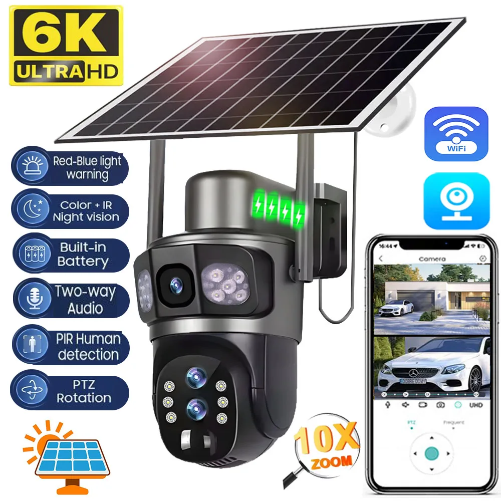 Солнечные камеры Wi-Fi Наружное наблюдение 6K 12MP 10-кратный зум Трехобъектив CCTV