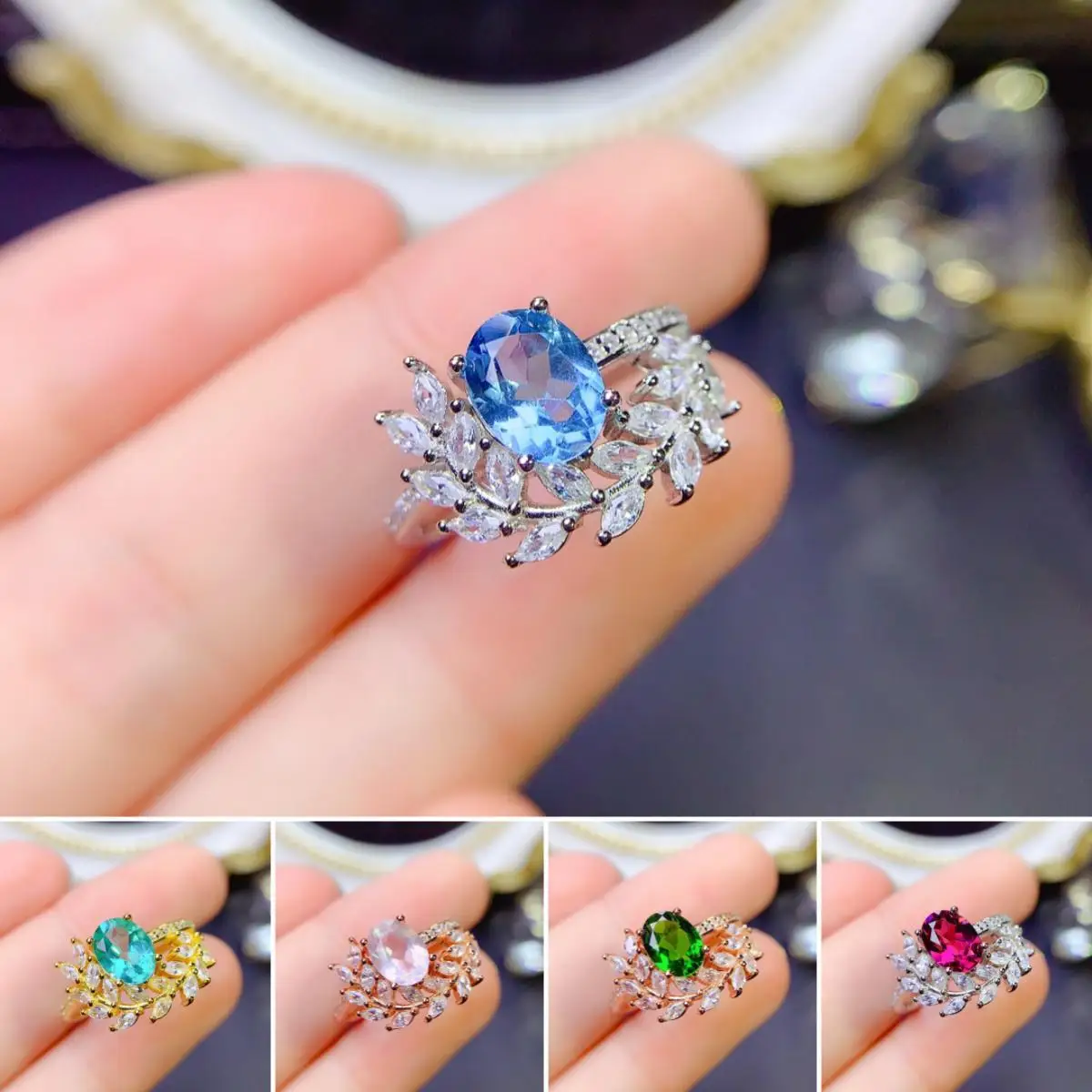 

FS 6*8Natural Rose Quartz/Topaz/Diopside/Garnet Ring S925 Sterling Silver for Women Fine Fashion Weddings Jewelry MeiBaPJ