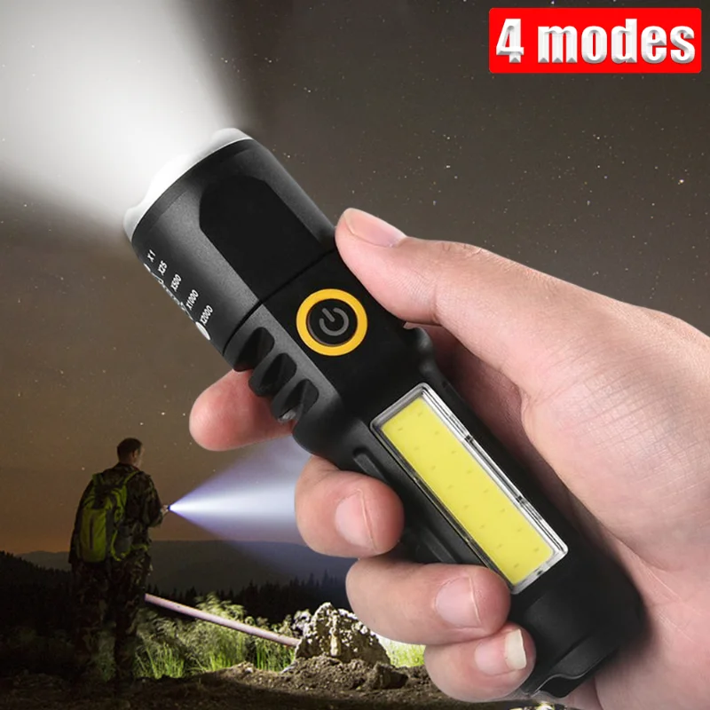 

Telescopic Zoom XPE COB LED Strong Flashlight Type-C USB Charging Bright Flash Light 4 Modes for Outdoor Waterproof Torch Light