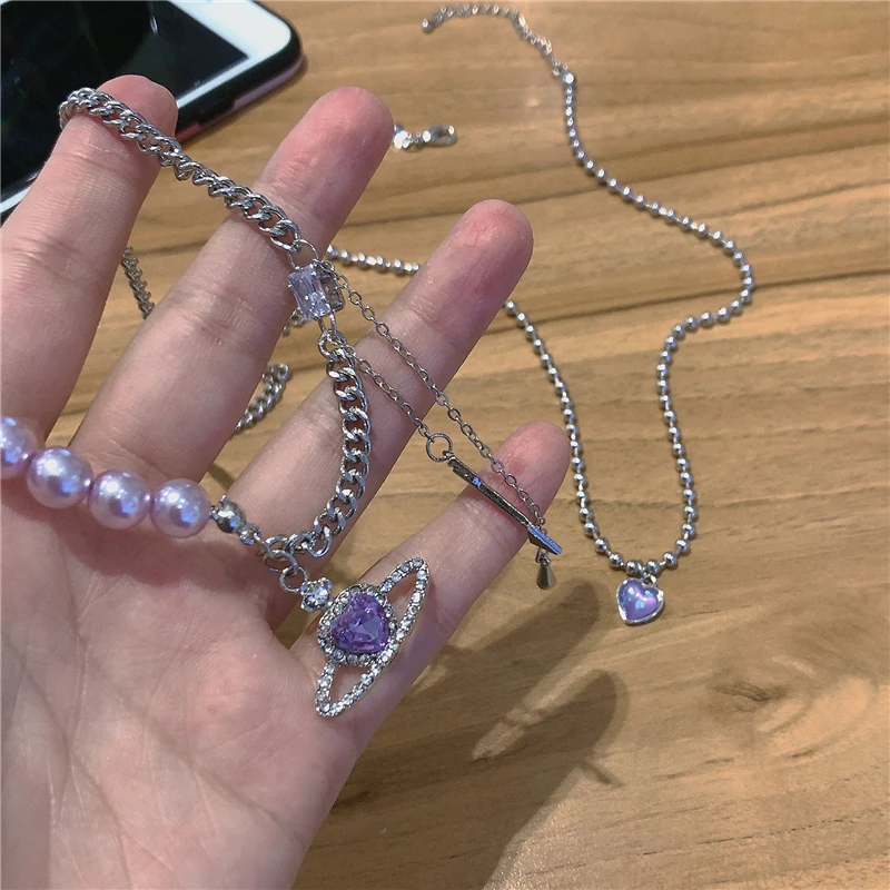 

Trendy Elegant Pearl Purple Beads Choker Necklace For Women Girls Fashion Heart Planet Necklaces Crystal Party Jewelry Gifts