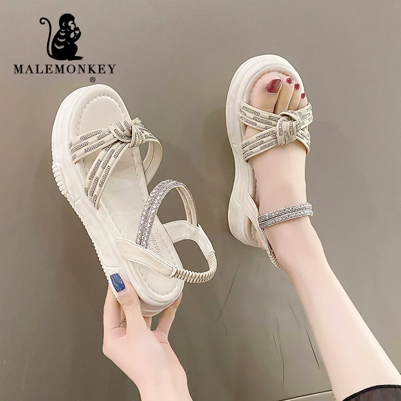 

2022 Summer New Women's Retro Rhinestone Elastic Band Thick-soled Wear-resistant Women's Sandals Comfortable Women's Shoes
