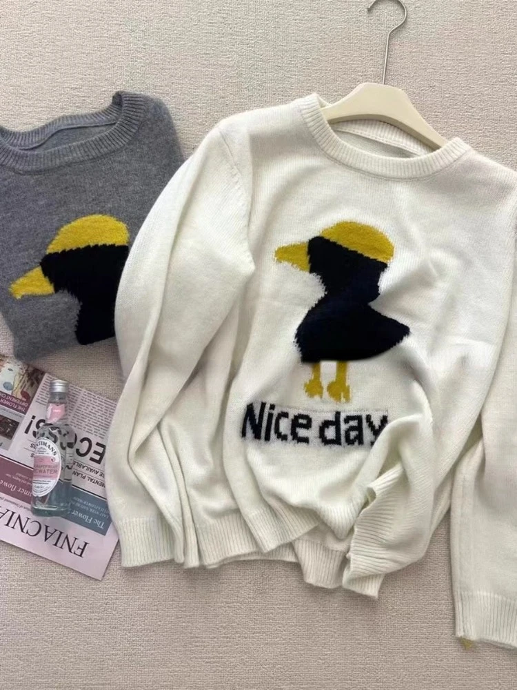 Ezgaga вязаный свитер пуловер женский с рисунком утки буквенным принтом и круглым