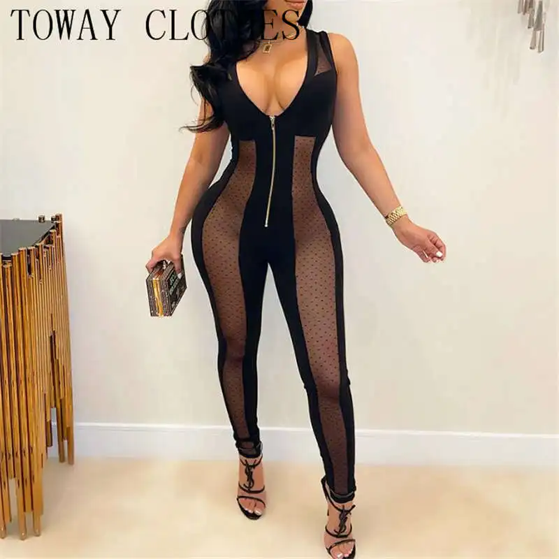 

Sexy Black Mesh Sheer Bodycon Jumpsuit Party Overalls Birthday Club Outfits for Women Zipper Skinny Tight One Piece Romper