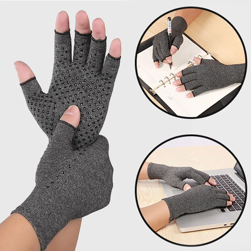 

Компрессионные перчатки для мужчин и женщин, нескользящие спортивные перчатки с открытыми пальцами, для лечения артрита, серого цвета, 1 пара