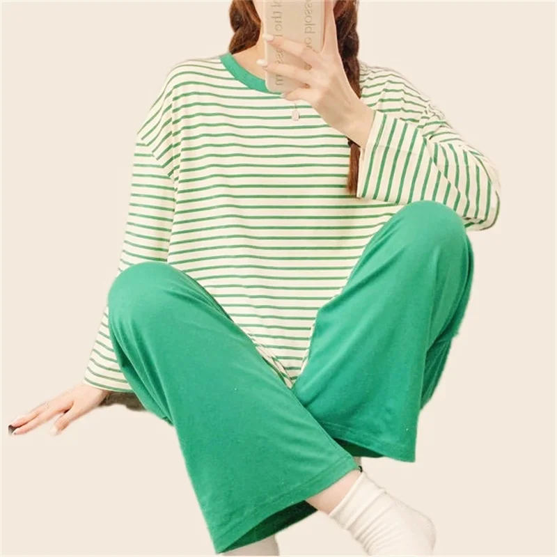 Women's Stripe Pajamas Set Sweet Pink Pyjama Big Size Soft Cotton Homewear Cozy Sleepwear Princess Cute Style 2 PCS/Set Pjs