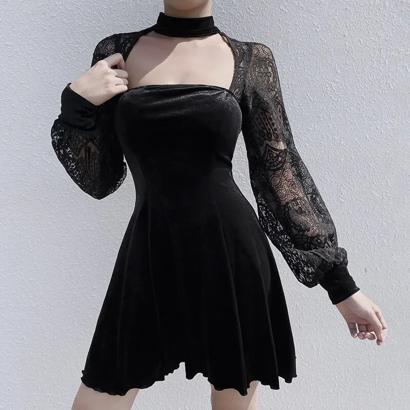 

2023 Vintage Gothic Black Dress Lace Velvet Patchwork Dresses Lantern Long Sleeve Dress Club Party Casual Female Dark Academia