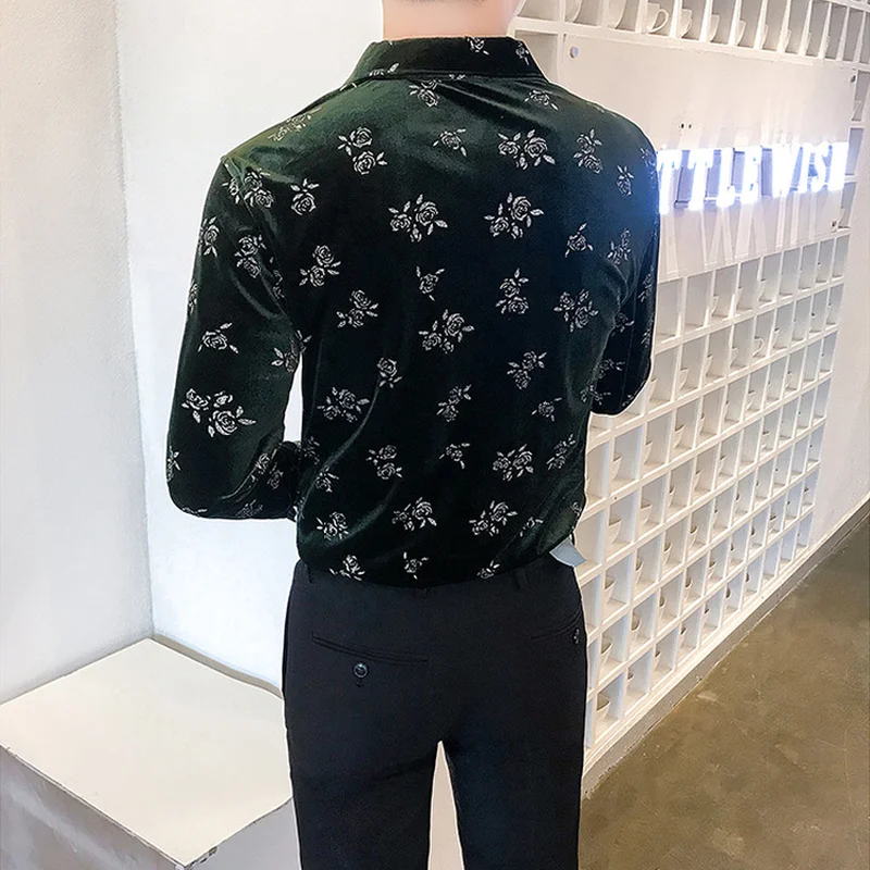 Light Luxury Rose Velvet Men Shirts Autumn Winter Vintage Casual Shirt Loose Streetwear Social Party Male Clothing Homme Chemise