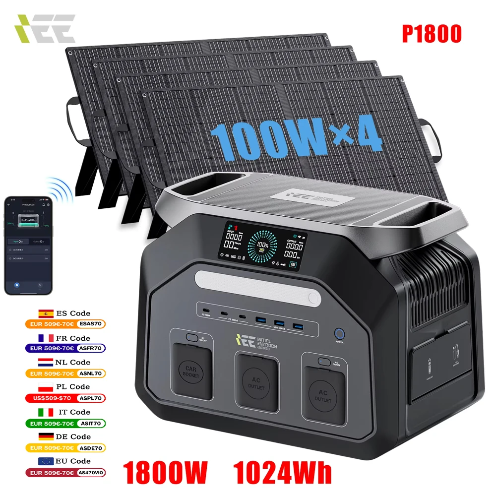 IEE P1800 Portable Power Station 1800W AC Output Solar Generator 1024Wh LiFePO4 Battery with Solar Panel for Rv Garden Camping