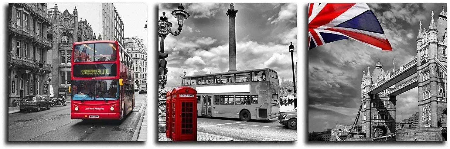 Modern Prints Red Bus On London Street Black And White Wall Art Union Jack Decor Paintings Canvas For Home Décor