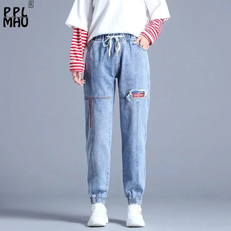 

Streetwear Frayed Jogger Jeans Women High Waist Drawstring Harem Vaqueros Ankle Length Casual Denim Pants Blue Baggy Trousers