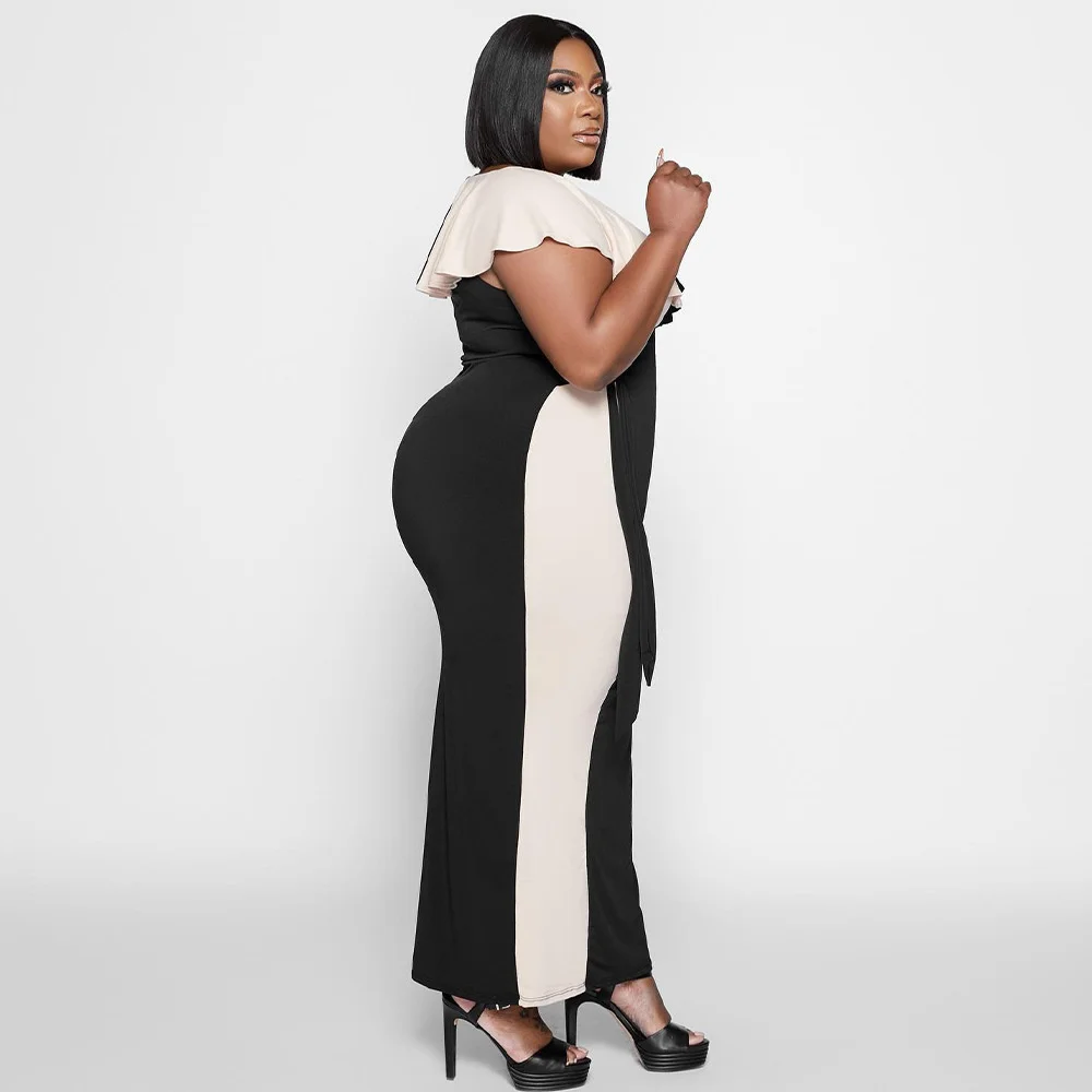 Plus Size Fashionable New Women's Casual Ruffle Collar Color Contrast Sleeveless Lace Dress V-Neck Wrapped Hip Slim Fit Dress