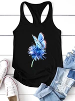 blue flower butterfly print women tank tops sleeveless summer loose 90s girls harajuku tee shirt round neck tank top casual