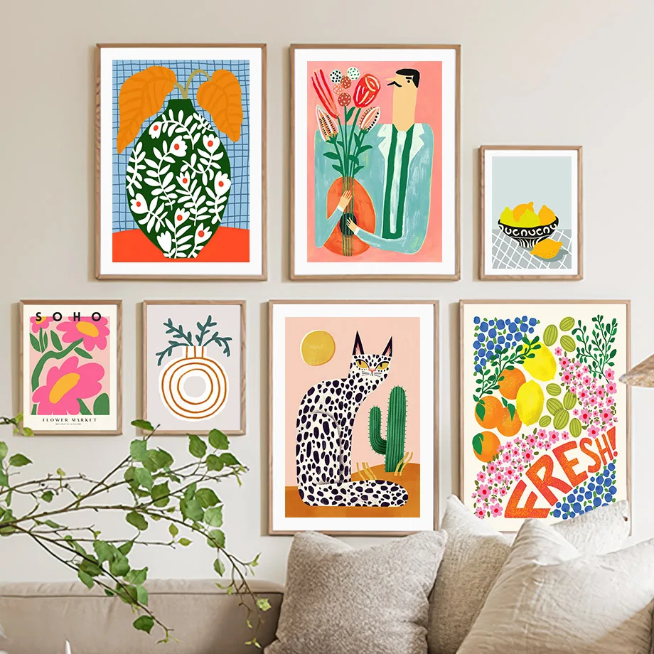 

Colorful Cat Cactus Lemon Orange Vase Wall Art Nordic Posters Prints AbstractCanvas Painting Pictures Living Room Indoor Decor