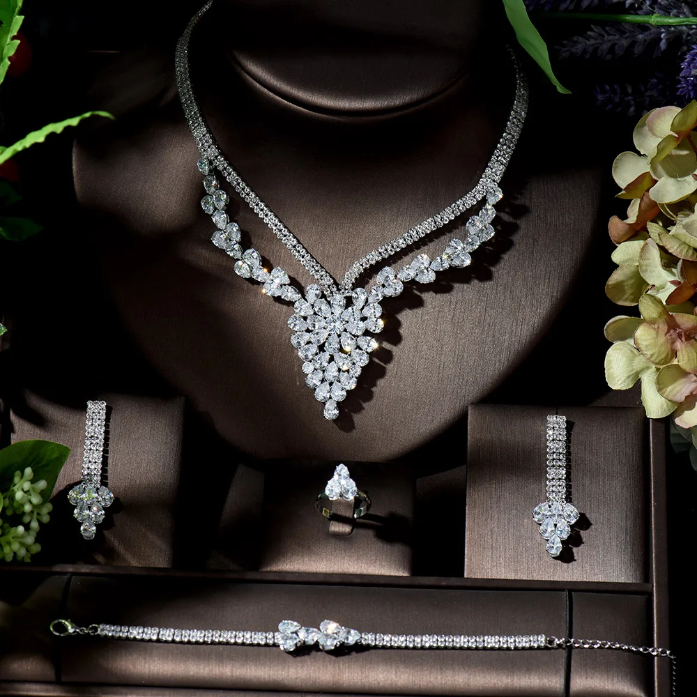 

Fashion Brilliant Crystal Zircon Earring Necklace Bridal jewelry Set Women Wedding Dress Accessories pendientes de fiesta N-1369