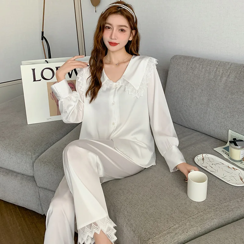 

Новинка 2022, Женский яркий костюм, кружевная отделка, одежда для сна с отложным воротником, женская одежда для сна в дворцовом стиле, домашняя...