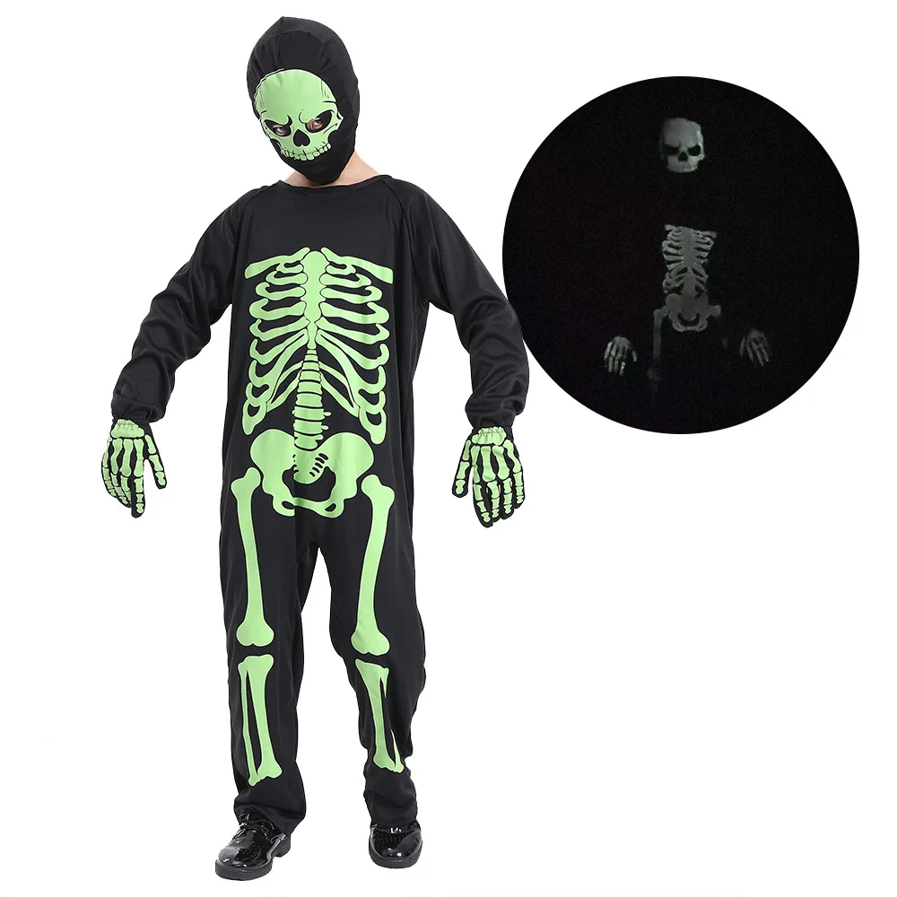 

Children's Horror Luminous Skeleton Clothes Set Halloween cosplay Skull Character Dress Up Costumes Bodysuit +Hood +Gloves