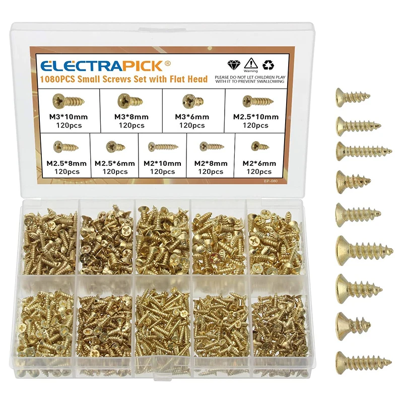 

1080pcs Small Screw Flat Head Cross Wood Screws Self Tapping Screw Dssortment Cabinet Multifunctional Fasteners Screw Set Gold
