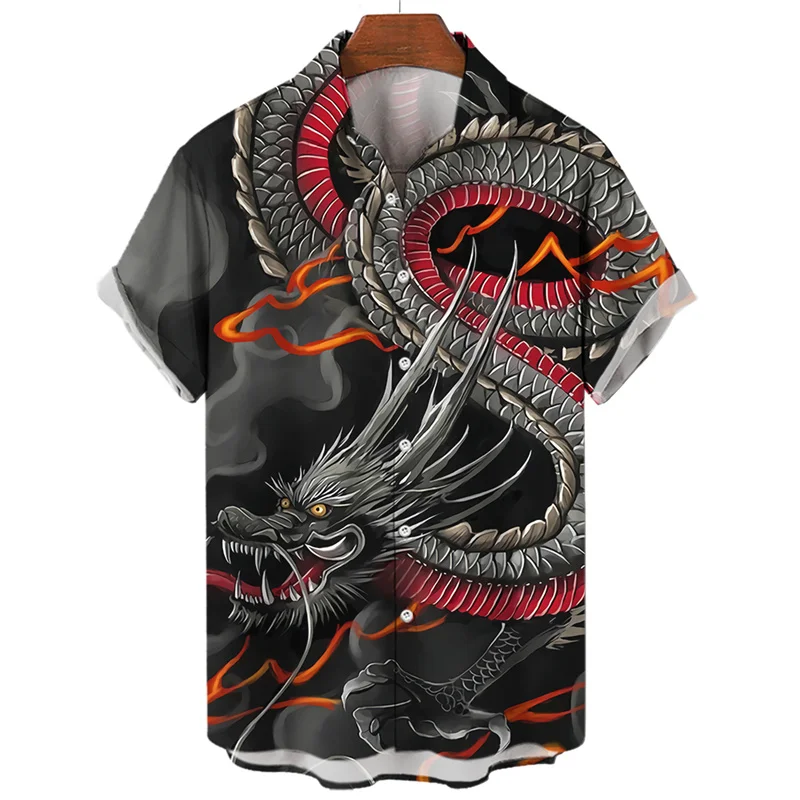 Men's Dragon Tiger Pattern Chinese Nation Elements Tradition Medieval Ink Painting Shirts Anime Printing Tradition Clothing Hot