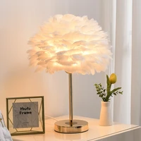 lighting luxury modern table lamp feather iron art white pink led night light indoor living room bedroom bedside desk lampshade