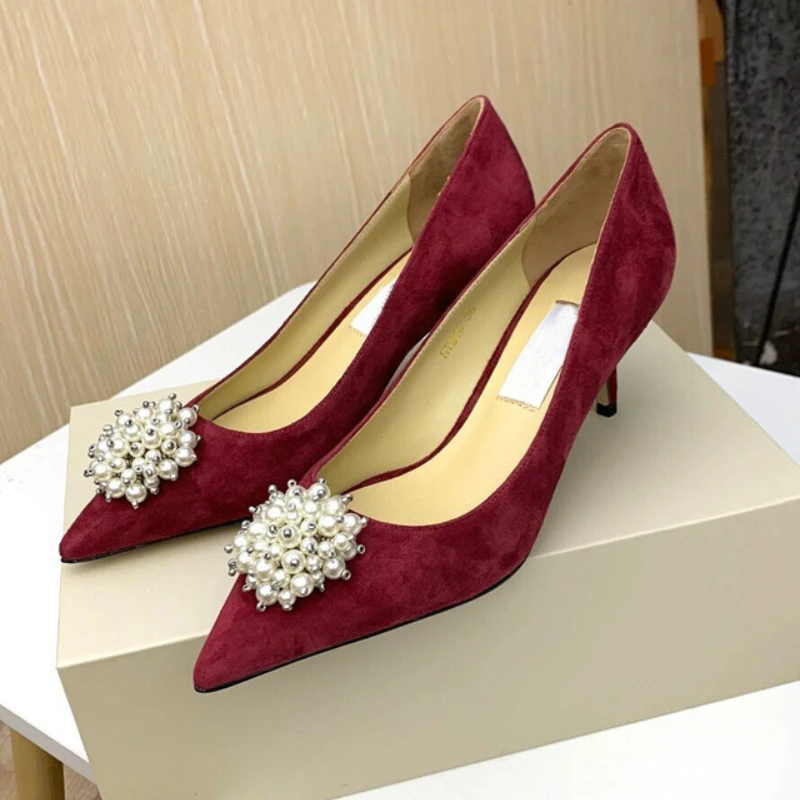 

22 European and American Spring New Shallow Pearl Buckle Simple Joker Single Shoes High-heeled Stiletto Women's Shoes