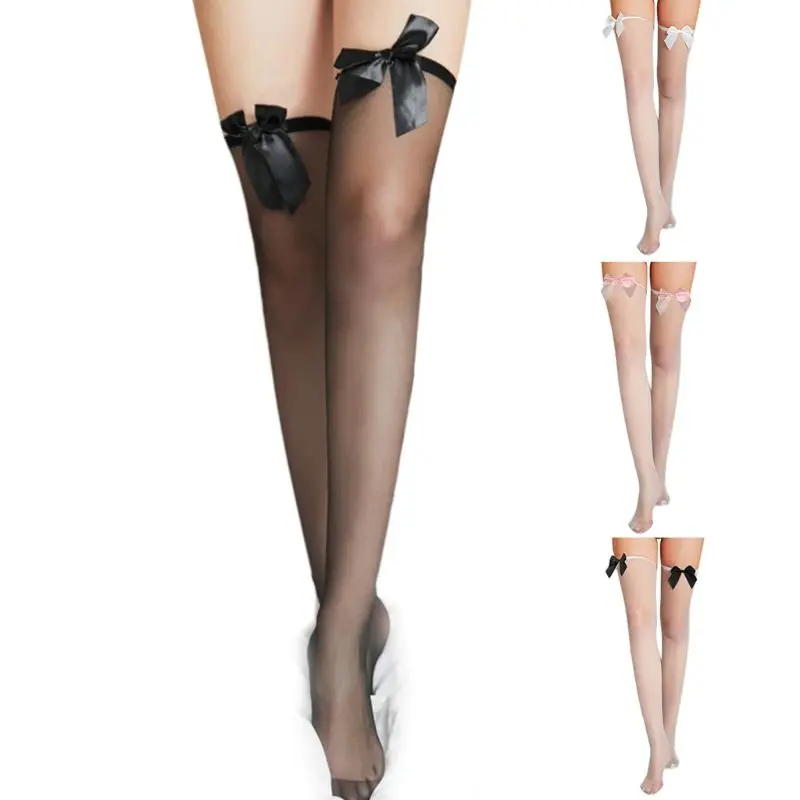 

Women Sexy Sheer Thigh High Stockings Solid Color Bowknot Over Knee Socks