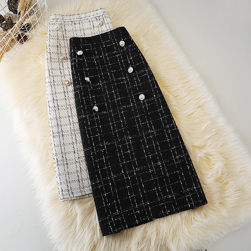 

Winter New Woolen Plaid Tweed Skirts Women Vintage High Waist Office Ladies Fashion Small Fragrance A-LINE