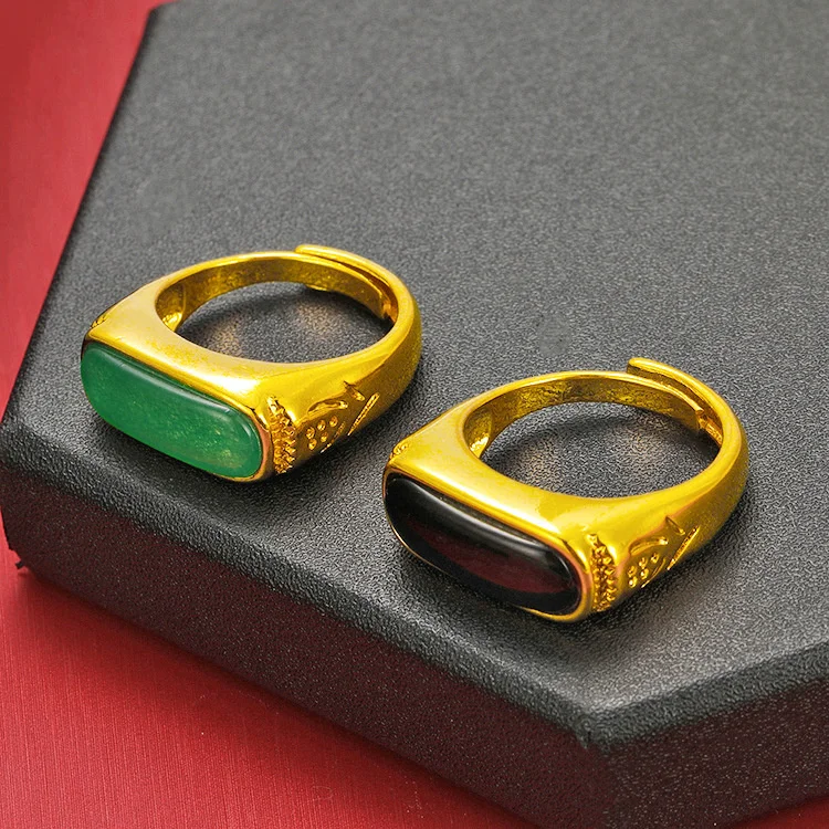 

New Luxury Vietnam Sand Gold Green Opening Ring Men's Jewelry Brass Gold Plated Wedding Jewelry Gift