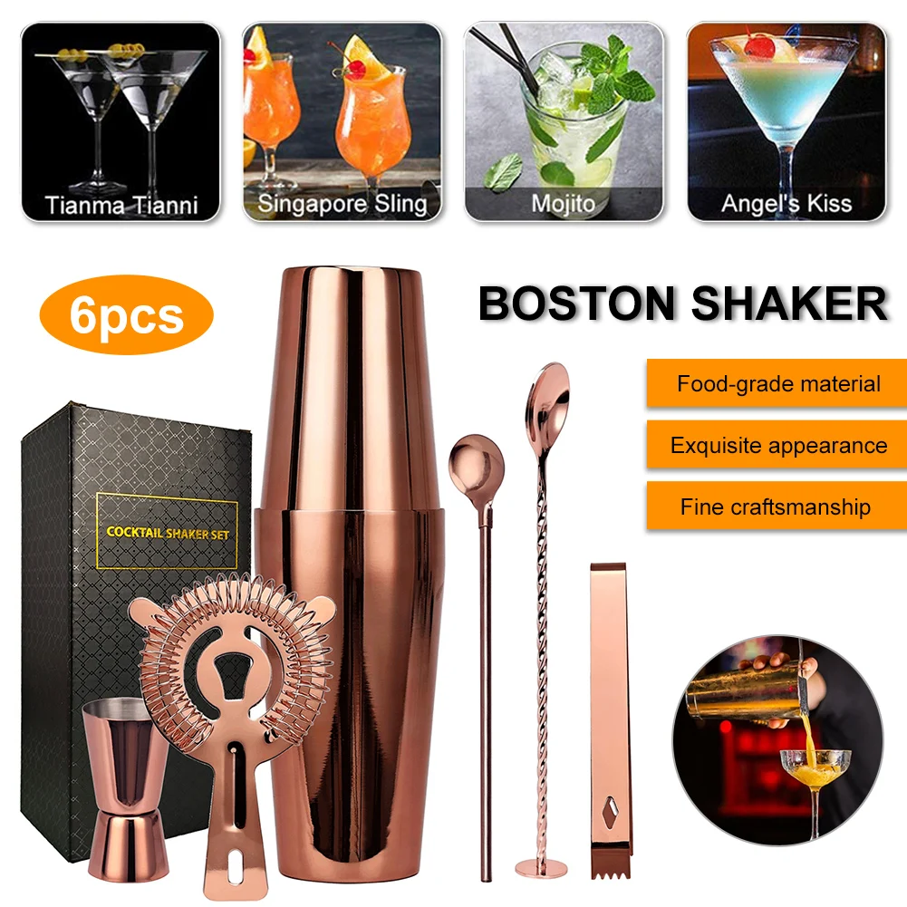 

6Pcs Cocktail Shaker Set Stainless Steel Bartending Kit Boston Shaker Bar Set Cocktail Mix Drink Making Kit Home Bar Tools