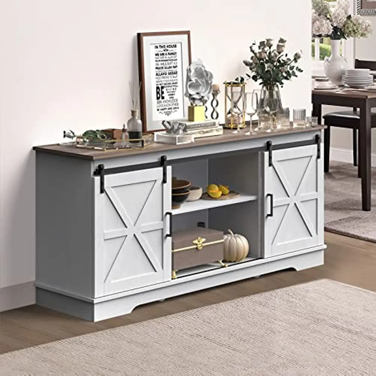 

Farmhouse Sliding Barn Door Coffee Bar Sideboard Buffet Cabinet with Capacity 300 lbs for Home Kitchen Dinning Living Room