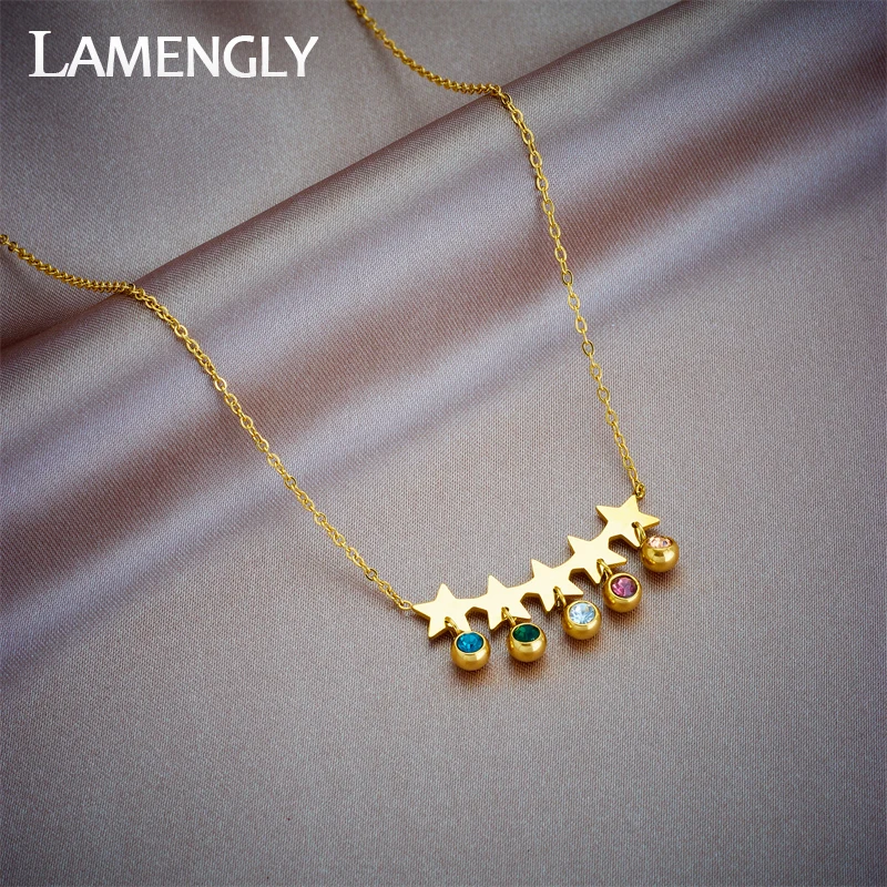 

LAMENGLY 316L Stainless Steel Star Colored Zircon Pendant Necklace For Women Girl New Neck Chain Waterproof Jewelry Gift Party