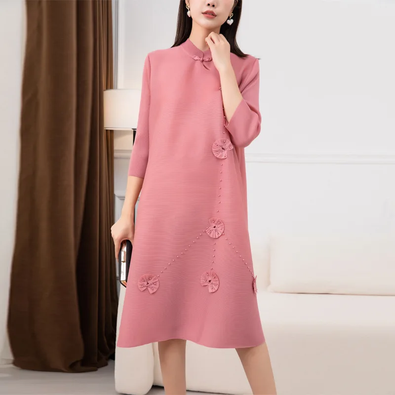 

Женское плиссированное платье миди miyake, элегантное платье миди с цветочным принтом, длинным рукавом, воротником-стойкой и пряжкой в стиле ретро, Ранняя Мода 2022