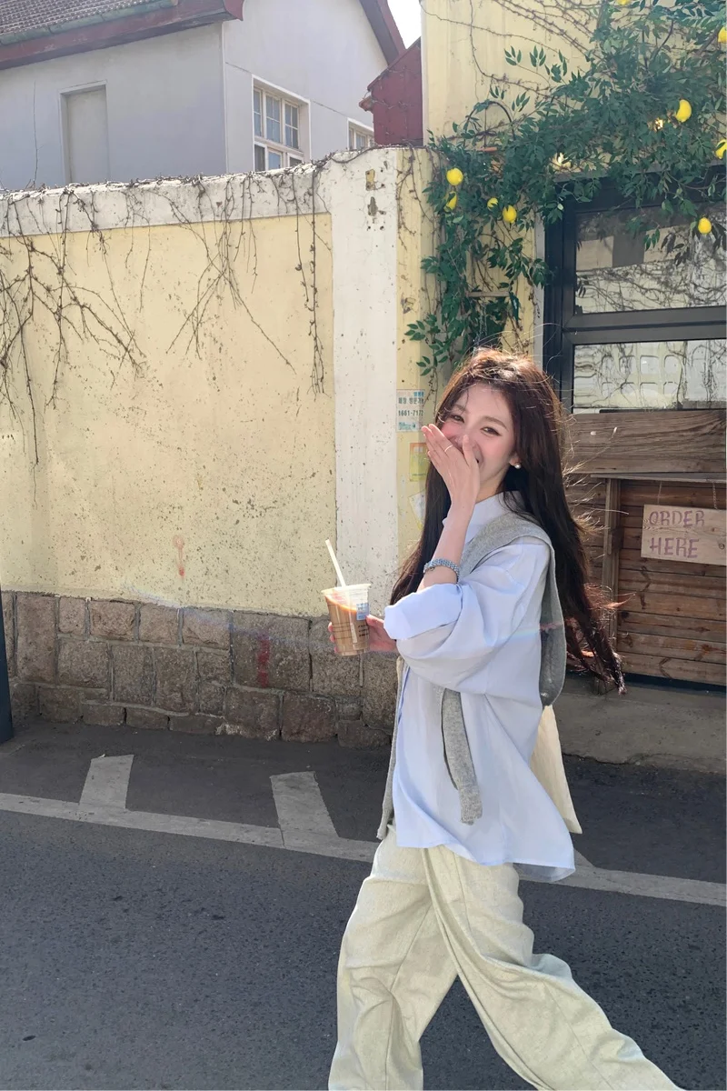 Peaceonesoul домашние ледяные синие рубашки с длинными рукавами женские корейские