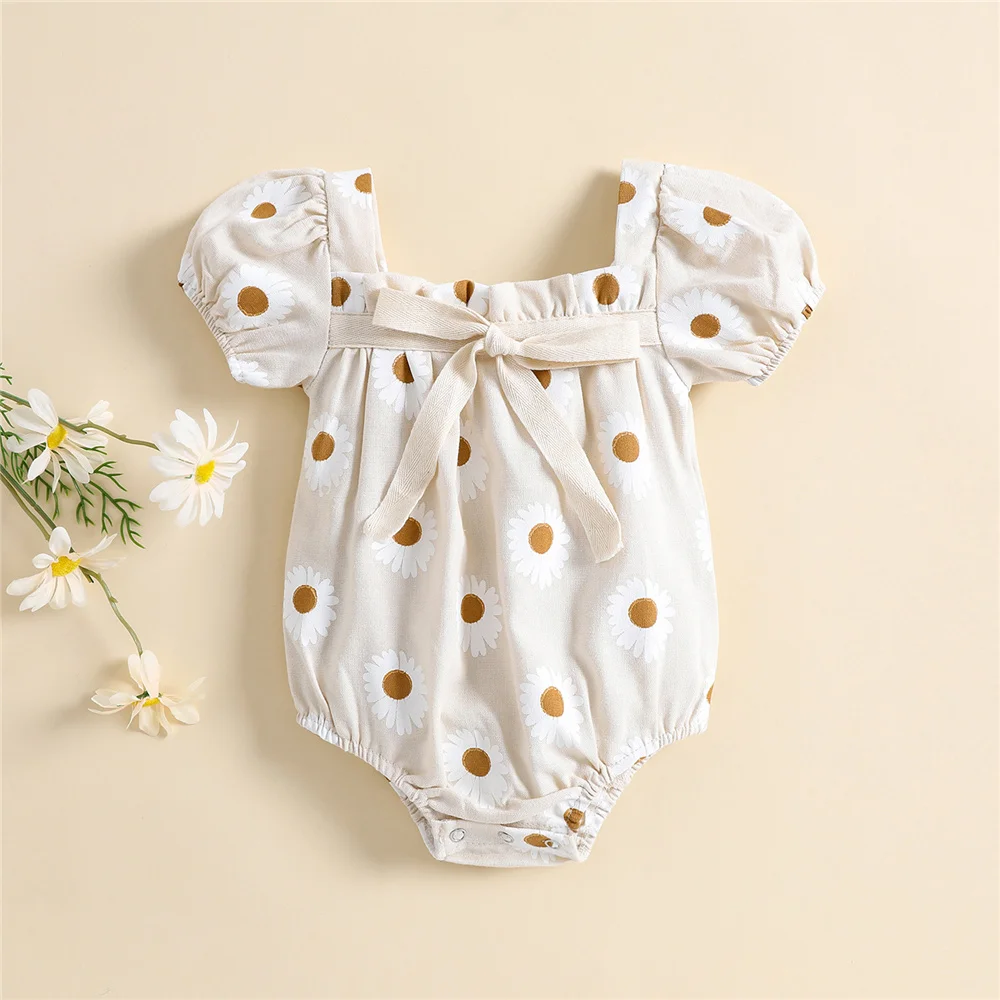 

Newborn Girl Cute Bow Romper Toddler Baby Sweet Daisy Print Square Neck Short Sleeve Bodysuit Casual Summer Infant Clothes 2022