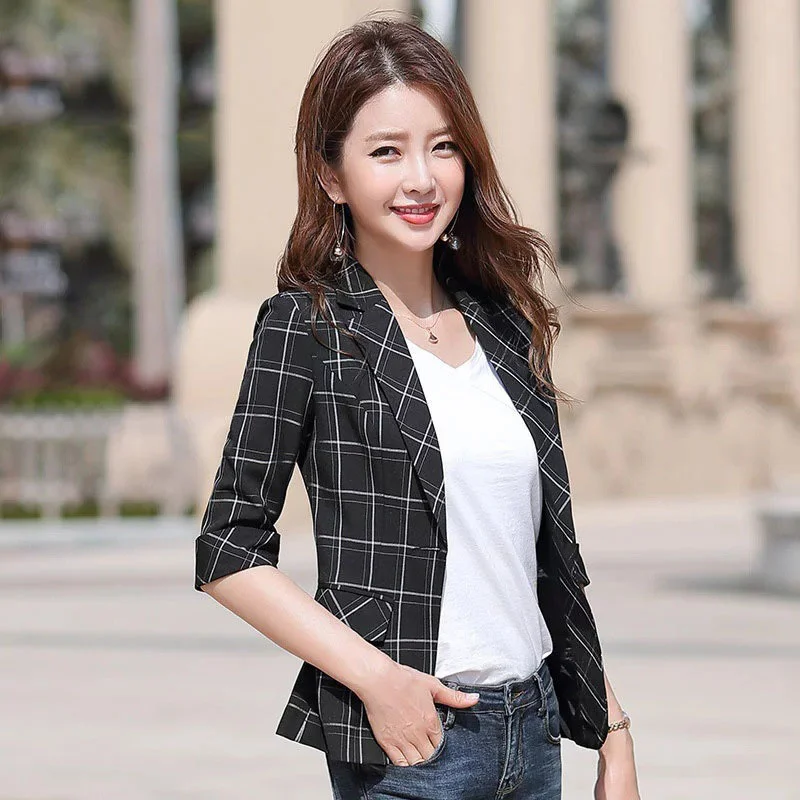 2022 New Spring Plaid Blazer Women Casual Short Small Suit Lady Single Button Three Quarter Office Women's Suit Jacket Ladies