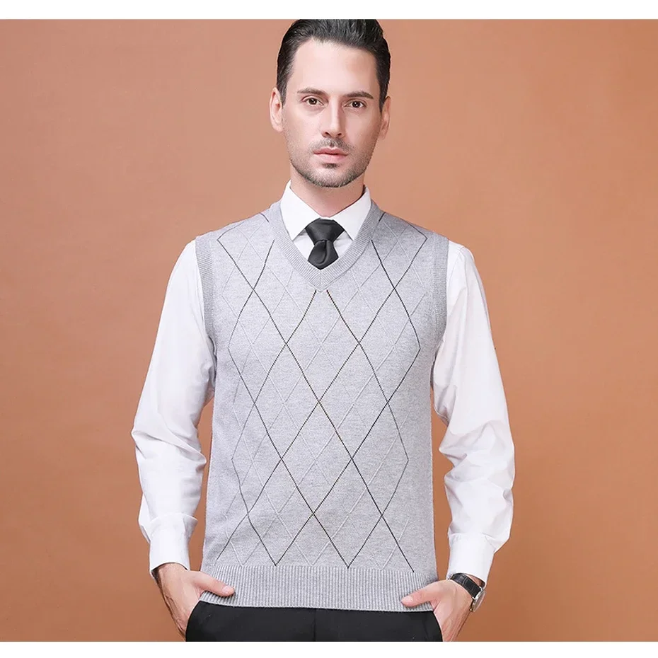 Мужской шерстяной свитер в полоску без рукавов с V-образным вырезом