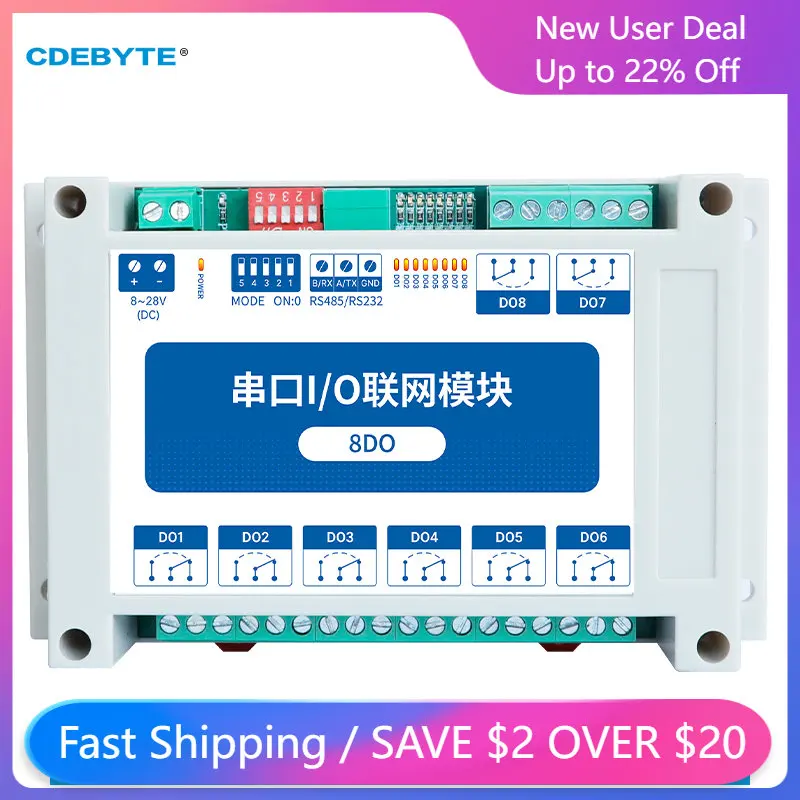 Modbus RTU Control I/O Network Modules Serial Port RS232 Interface 8DO CDEBYTE MA02-XXCX0080 Rail Installation 8~28VDC IoT