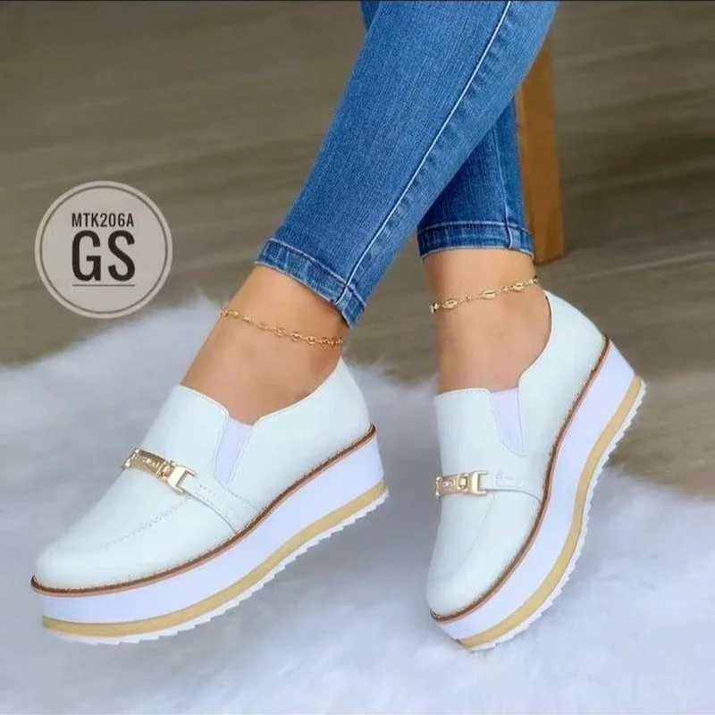 

2022 Spring and Autumn New PU Leather Women's Shoes Thick Bottom Women's Casual Sports Shoes Wedge Lady Shoes Women Slip-On