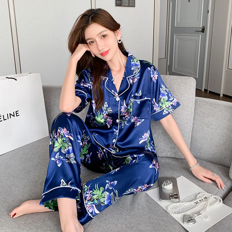 Print Flower 3XL-8XL Oversized Silk Set Woman 2 Pieces Sleepwear Casual Short Sleeve Top and Pants Pijamas Stain Pyjama Femme