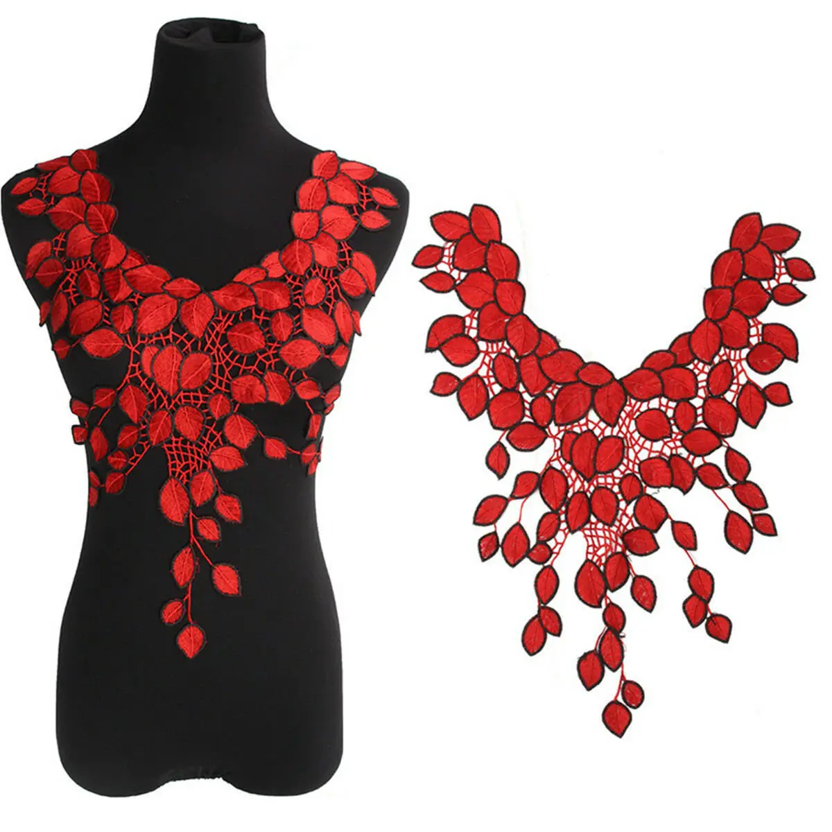 

Large Red Flower Lace Embroidery Venise Neckline Motif Collar Patches Applique