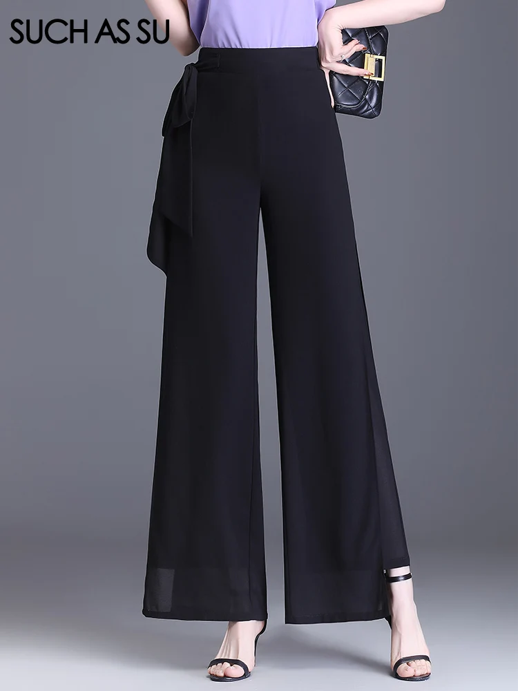 

SUCH AS SU Summer Full Length Spliced Trousers Women Black Red Elastic Waist Lace-up Wide Leg Pants S-3XL Loose Office Lady 2370