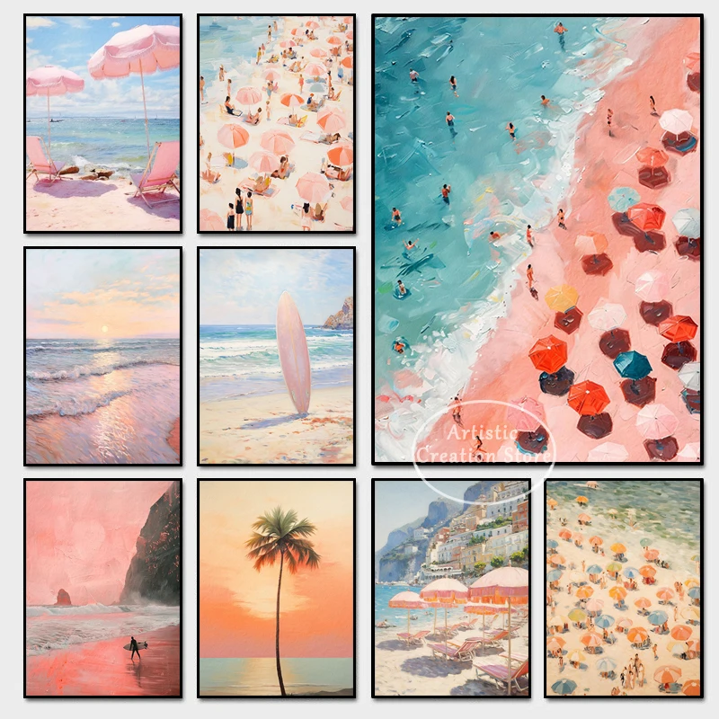 Ретро розовые пляжные зонты Постер стиль Минималистичная Современная