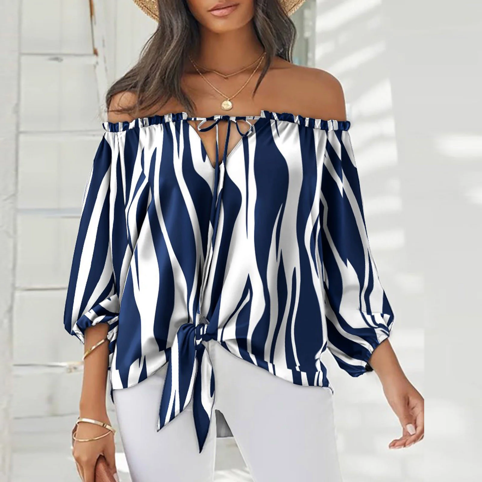 

2023 Women's elegant shirt with waistband, elegant twill collar shirt, ladies striped shirt, off-shoulder twill bow tie, long-sl