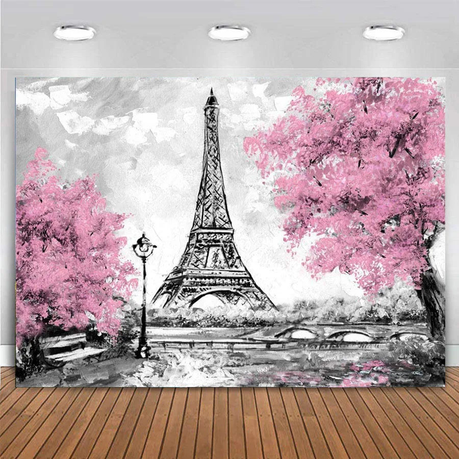 

Customized Paris Theme Backdrop Pink Cherry Blossoms Gray Eiffel Tower Background Girl Birthday Party Wall Poster Cake Banner