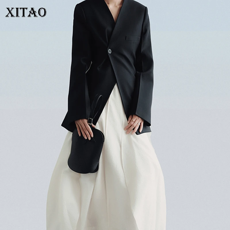 

XITAO Women Fashion Blazer Fashion Full Sleeve Goddess Fan Single Button Black 2022 Spring Minority Blazer Coat WMD4939