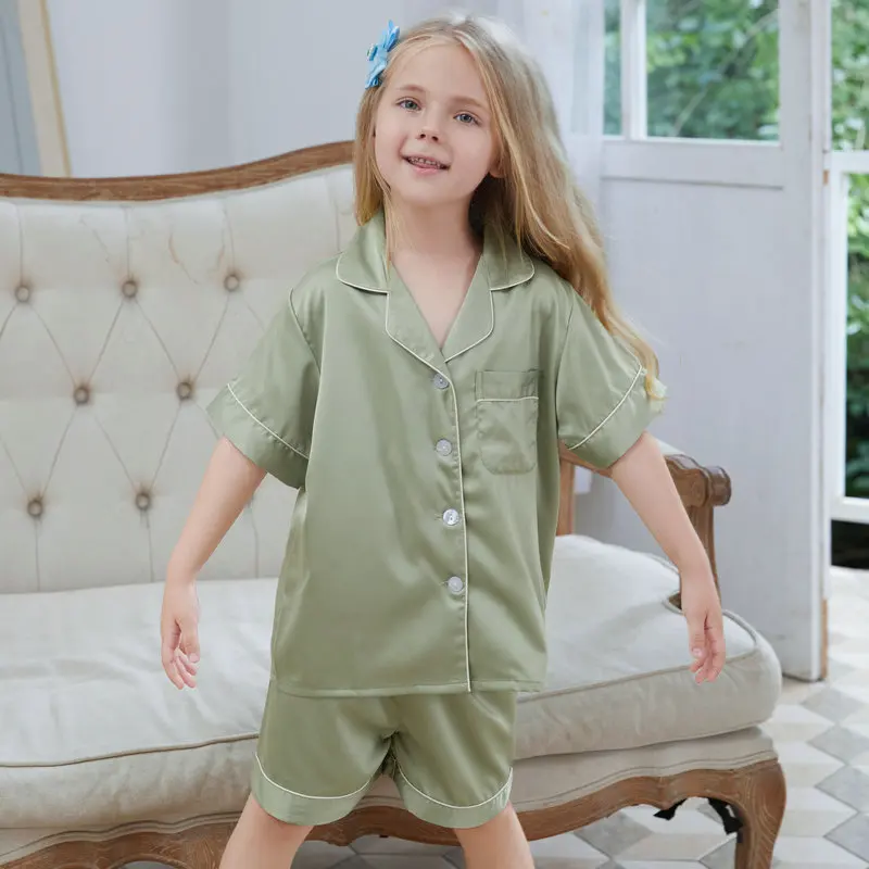 Baby Kids Silk Satin Pajamas Set Baby Kids Suit Short Sleeve Boys Girl Sleepwear Nightwear Summer Bathrobe Sleepping Pajamas